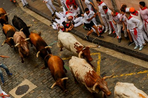 Männer treiben Kampfstiere von am ersten Tag des Stiertreibens während des "Sanfermines"-Festes durch die Gassen von Pamplona