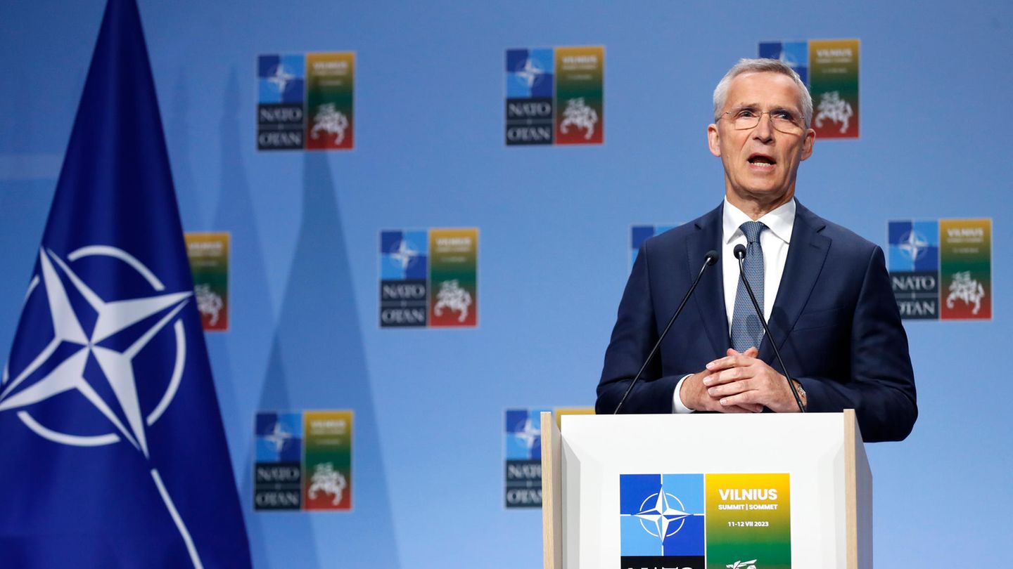 Jens Stoltenberg, Nato-Generalsekretär, spricht während einer Pressekonferenz vor dem NATO-Gipfel