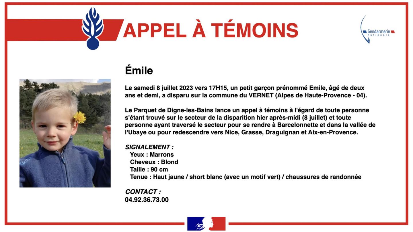 Ein Twitter-Post der französischen Gendarmerie Nationale zeigt den Zeugenaufruf mit Foto des in Frankreich vermissten Émile