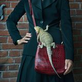 Auf der roten Handtasche einer Frau sitzt eine grüne Echse