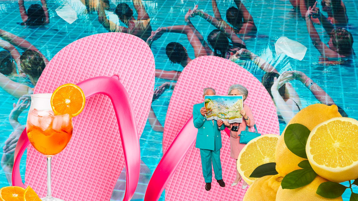Pauschalreise: Eine Collage zeigt einen Pool, Flipflops, einen Cocktail und Zitronen