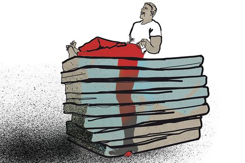 Illustration eines Mannes mit Schmerzen im Kreuz und Knie