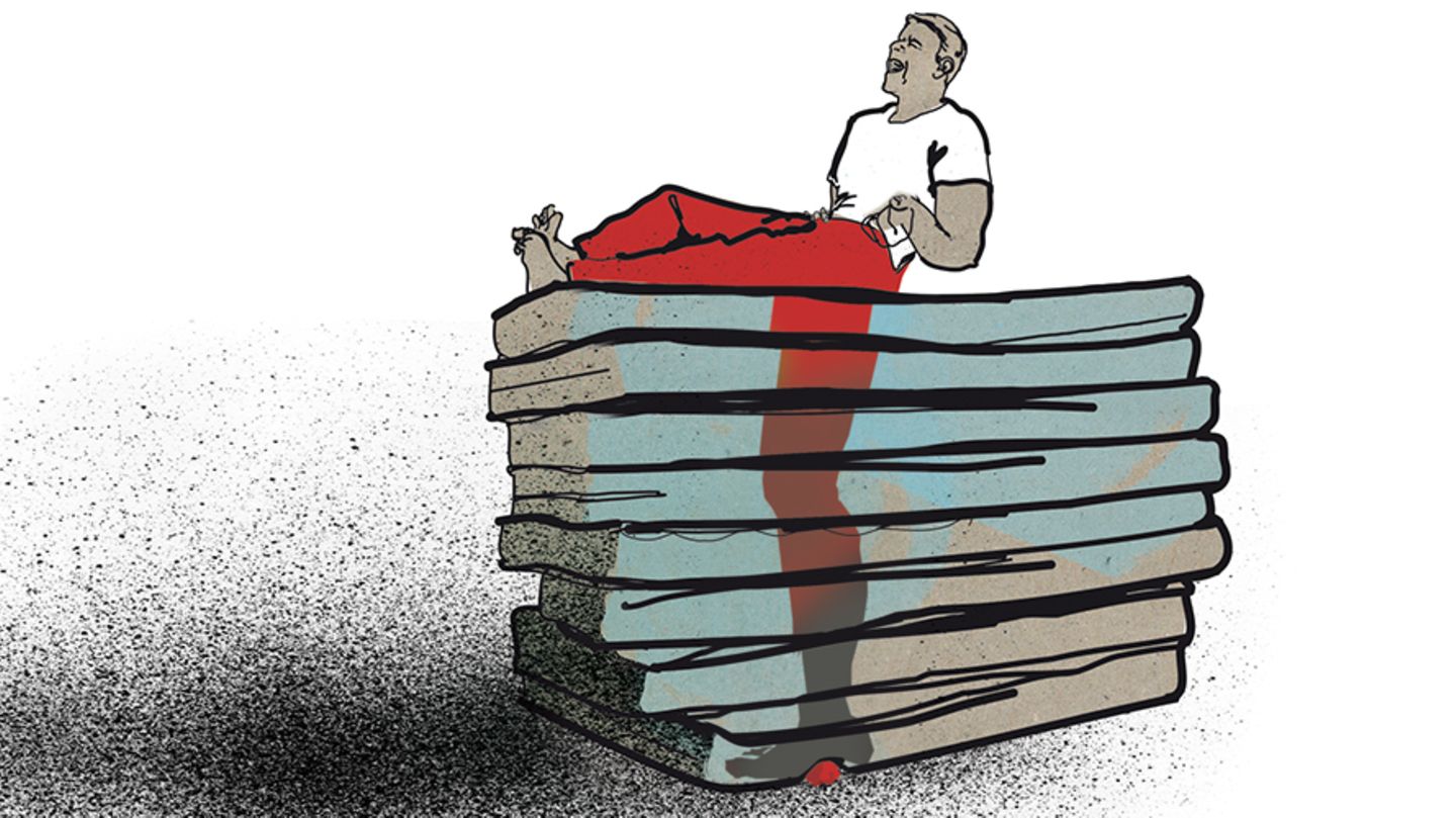 Illustration eines Mannes mit Schmerzen im Kreuz und Knie