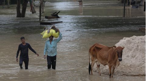 Indien, Neu-Delhi: Eine Person trägt ihr Hab und Gut und watet durch überschwemmtes, tief liegendes Gebiet
