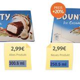 Gleiches Verpackungsdesign, gleicher Preis, aber ein Eis fehlt. Aufgrund von "hohem Inflations- und Kostendruck" hat Hersteller Mars im Frühjahr die Füllmengen von Bounty-, Snickers- und Mars-Eis reduziert.