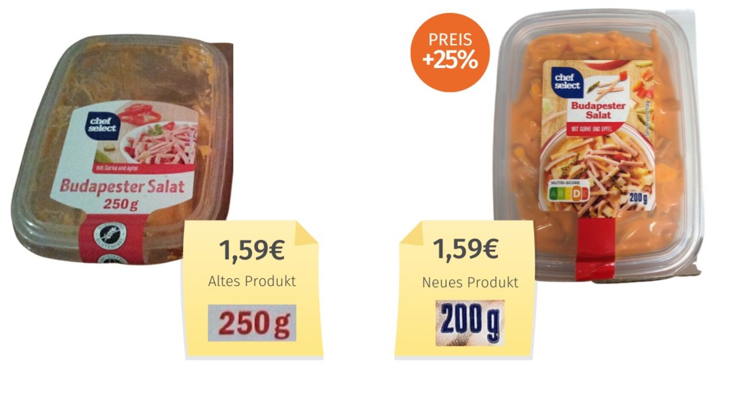 Der Budapester Salat von Lidl schrumpfte im Frühjahr, "um eine vergleichbare Verpackungsgröße zum Wettbewerb zu haben". Das Preis-Leistungs-Verhältnis sei weiterhin gut, erklärt der Discounter.
