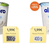 Hersteller Danone erklärte die Umstellung im April 2023 damit, dass die Nachfrage nach 400-Gramm-Bechern steige und nach 500-Gramm-Bechern sinke. "Gleichzeitig mussten wir auf die in den letzten Monaten extrem gestiegenen Rohstoffpreise reagieren."