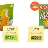 Langnese erklärt: "Gestiegene Energie- und Rohwarenpreise zwingen uns, die Preise und Mengen pro Verkaufseinheit bei unseren Produkten Cuja Mara Split und Nogger anzupassen."