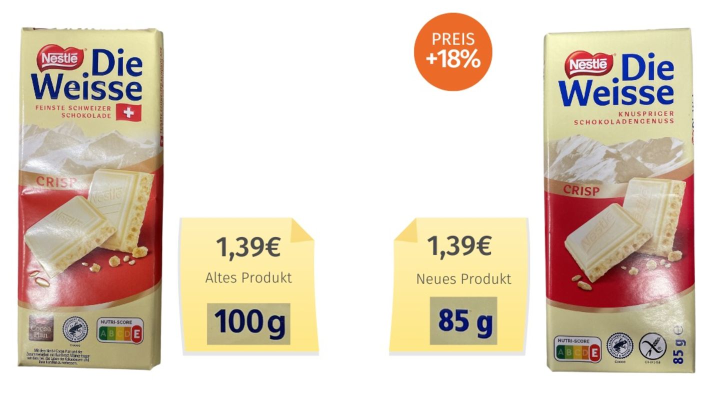 Die Zeiten, in denen die meisten Schokoladentafeln 100 Gramm hatten, sind vorbei. Nestlé begründet die Verkleinerung mit einer "verbesserten" Produktion und der Verwendung einer "einheitlichen Gießform bei der Herstellung verschiedene Schokoladentafeln".