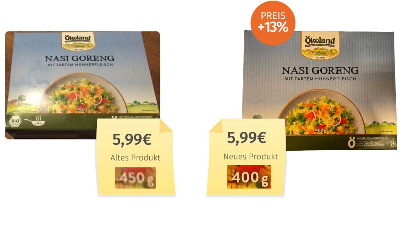 50 Gramm Nasi Goreng weniger – Hersteller Ökoland verweist auf höhere Produktionskosten.