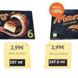 Gleiches Verpackungsdesign, gleicher Preis, aber ein Eis fehlt. Aufgrund von "hohem Inflations- und Kostendruck" hat Hersteller Mars im Frühjahr die Füllmengen von Bounty-, Snickers- und Mars-Eis reduziert.