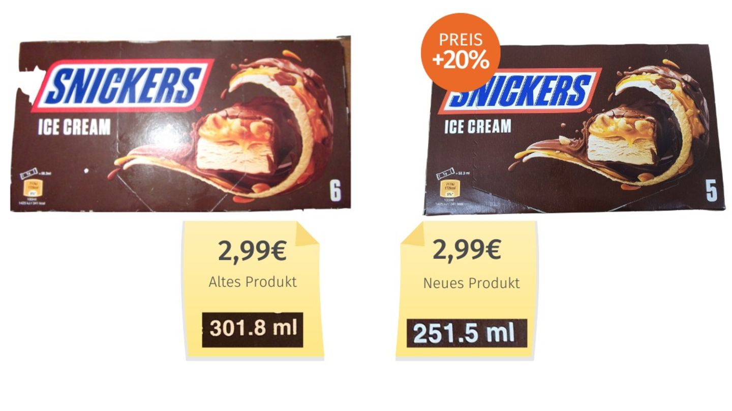 Gleiches Verpackungsdesign, gleicher Preis, aber ein Eis fehlt. Aufgrund von "hohem Inflations- und Kostendruck" hat Hersteller Mars im Frühjahr die Füllmengen von Bounty-, Snickers- und Mars-Eis reduziert.