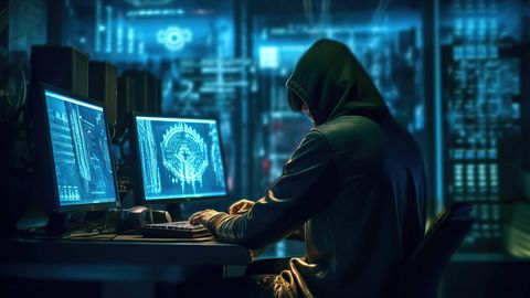 Ein Hacker sitzt vor zwei Monitoren