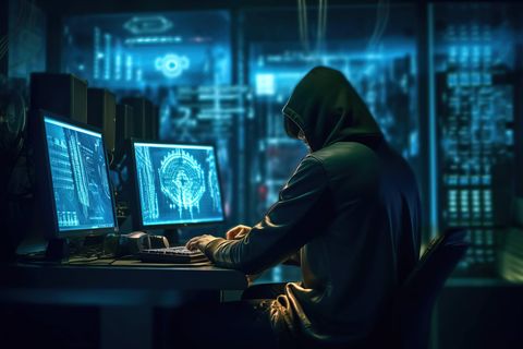Ein Hacker sitzt vor zwei Monitoren