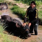 Ein Bauer spielt mit einem Büffel in einem Wasserkanal in dem Dorf Albu Mustafa in der Nähe von Hilla. Die Temperaturen im Irak stiegen auf über 45 Grad Celsius an.