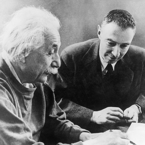 Black and white picture: Oppenheimer and Einstein 