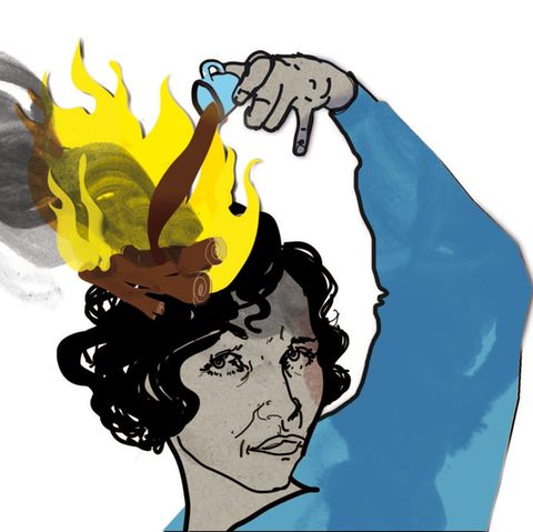 Kopfschmerzen Illustration: Frau gießt mit Tasse Feuer auf Kopf aus