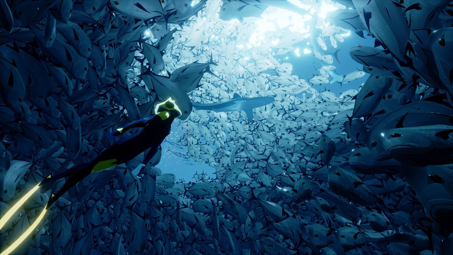 "ABZU" Videspielgrafik: Ein Taucher unter Haien