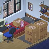 Blick in einen Raum in Unpacking, der eingerichtet werden muss