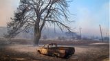 Hier ist nichts mehr zu retten: Ein beschädigtes Auto steht vor einem verbrannten Baum in der Nähe von Loutraki. Der griechische Meteorologe Theodoros Giannaros vom Nationalen Observatorium Athen hat am Mittwoch davor gewarnt, dass die Situation mit Hitze, Trockenheit und Bränden in Griechenland noch schlimmer werde. Man stehe ab Donnerstag vor einer neuerlichen Hitzewelle, die ihren Höhepunkt am Wochenende erreiche und örtlich für bis zu 44 Grad sorgen werde.