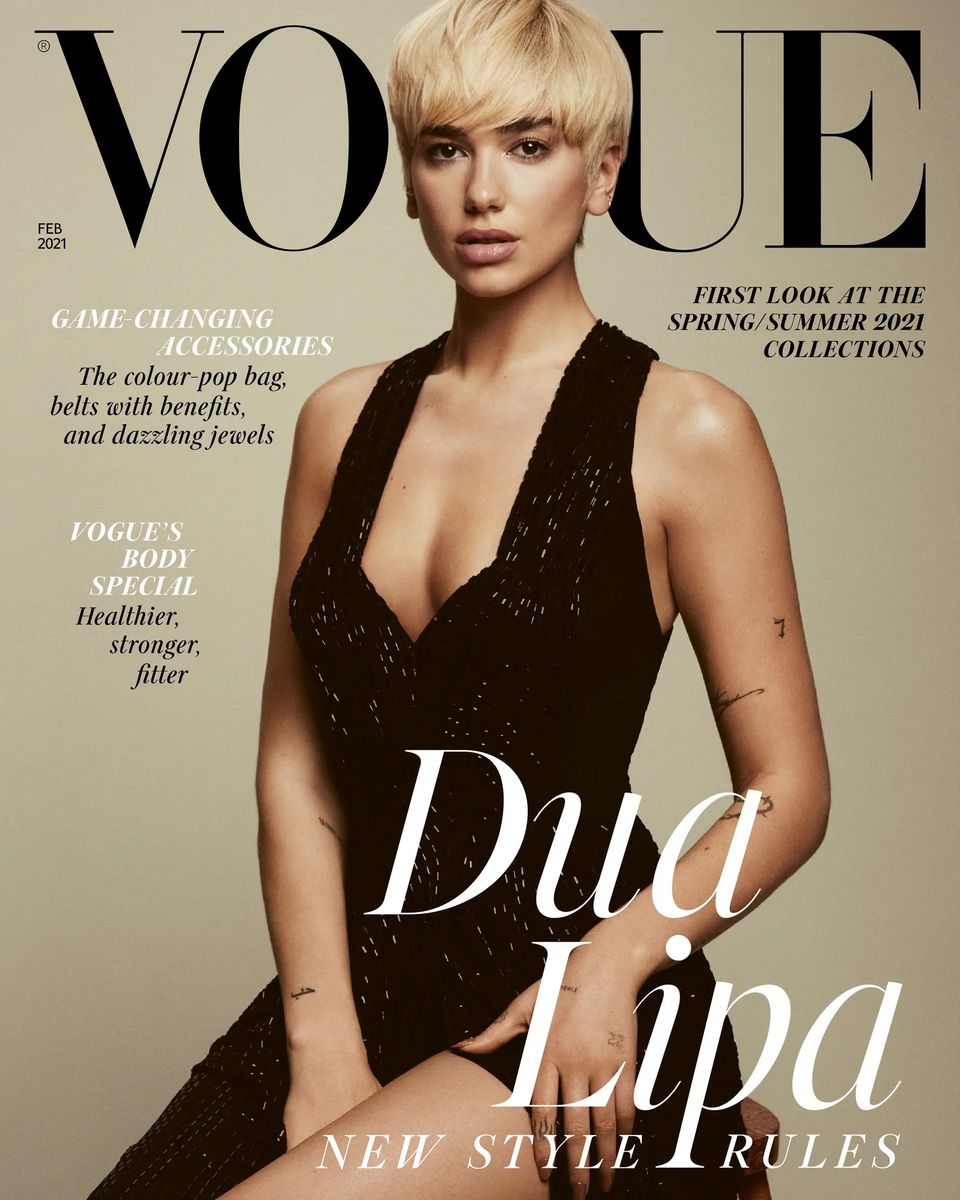Dua Lipa with short blond hair on the cover of the fashion magazine "Vogue"