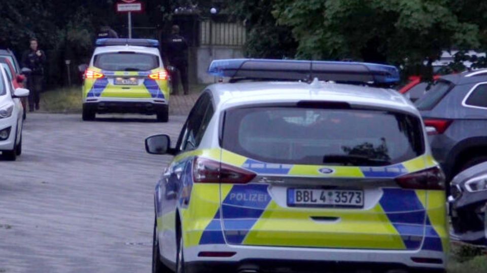 Polizeifahrzeuge fahren bei einer Suchaktion nach einem freilaufenden gefährlichen Wildtier durchs südliche Berlin