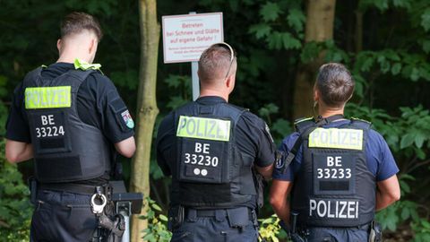 Drei Polizisten bei der Großfahndung nach einer entlaufenen Raubkatze im südlichen Berlin