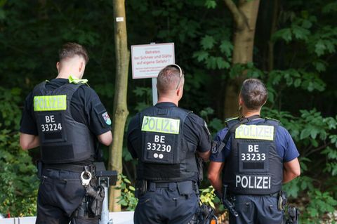 Drei Polizisten bei der Großfahndung nach einer entlaufenen Raubkatze im südlichen Berlin
