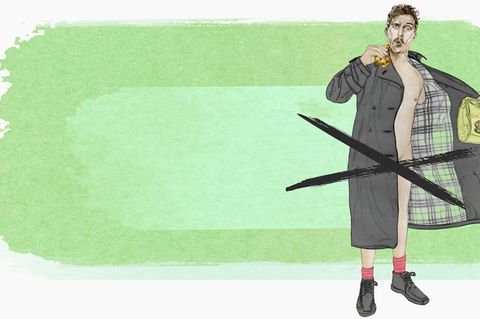 Eine Illustration zeigt einen nackten Mann, der seinen Mantel öffnet – ein Exhibitionist