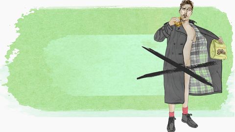 Eine Illustration zeigt einen nackten Mann, der seinen Mantel öffnet – ein Exhibitionist