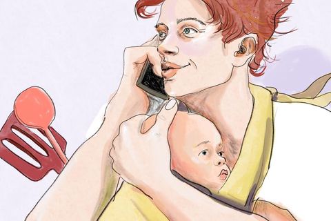 Geburt: Eine Illustration zeigt einen Mann mit einem umgebundenen Baby und eine Frau, die ihn beobachtet