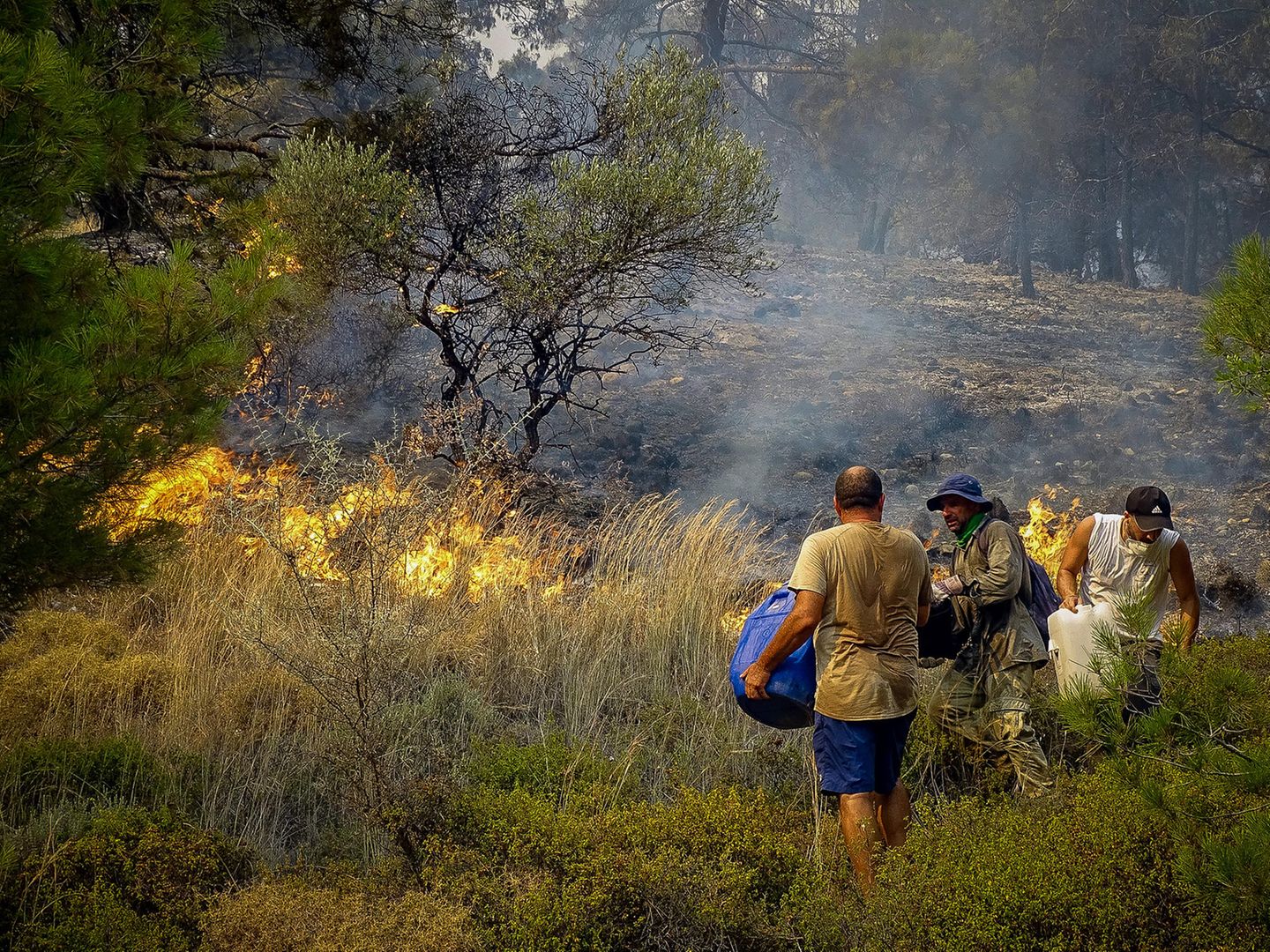 Menschen mit Wasserkanistern kämpfen gegen die Flammen