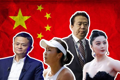 Jack Ma, Peng Shuai, Meng Hongwei und Fan Bingbing (v.l.n.r.) vor einer chinesischen Flagge