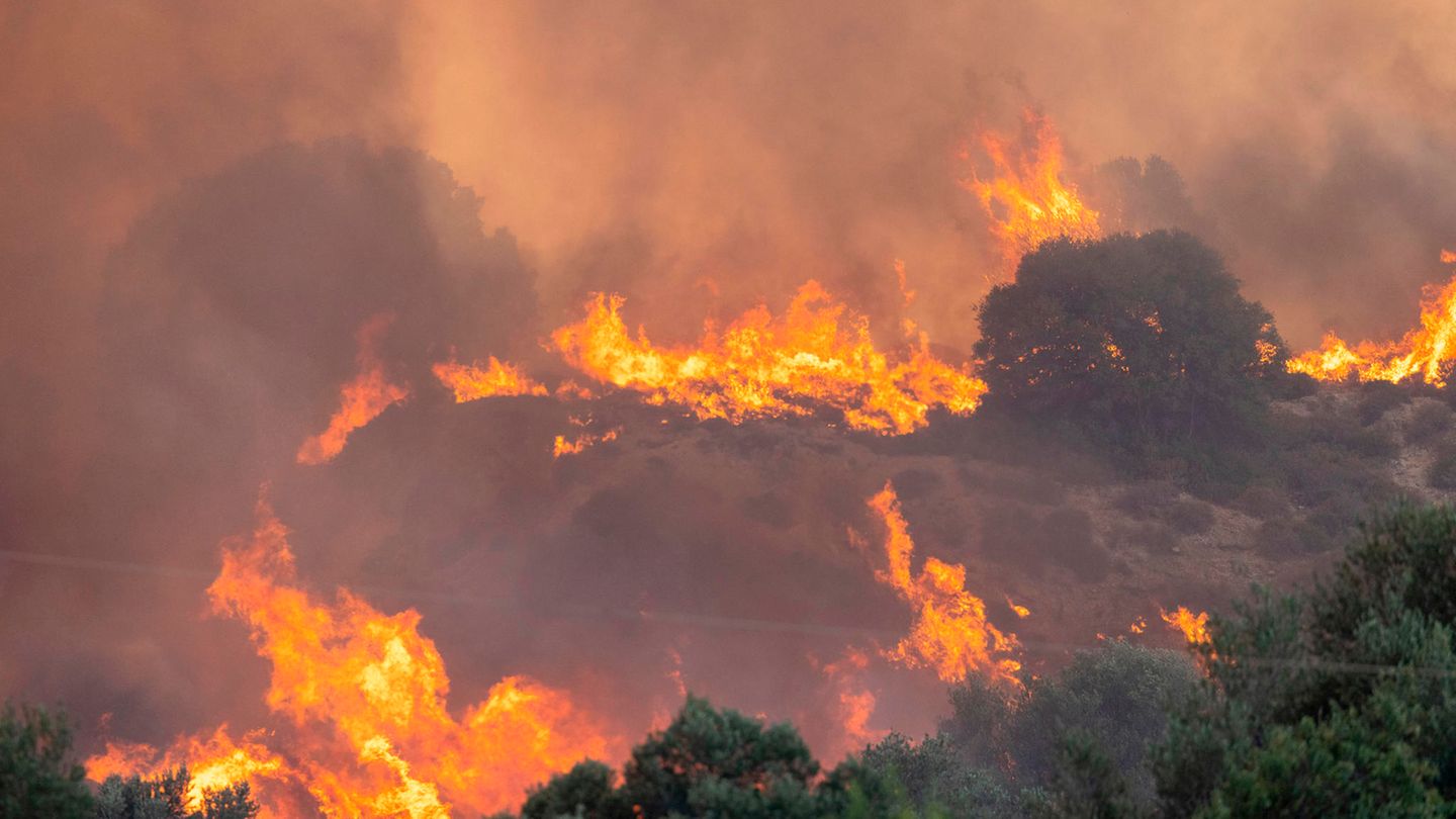 Ein Hügel steht in Flammen. Die Waldbrände in Griechenland toben weiter.