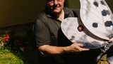 Mann mit Schnurrbart hält Modell eines Apollofalters