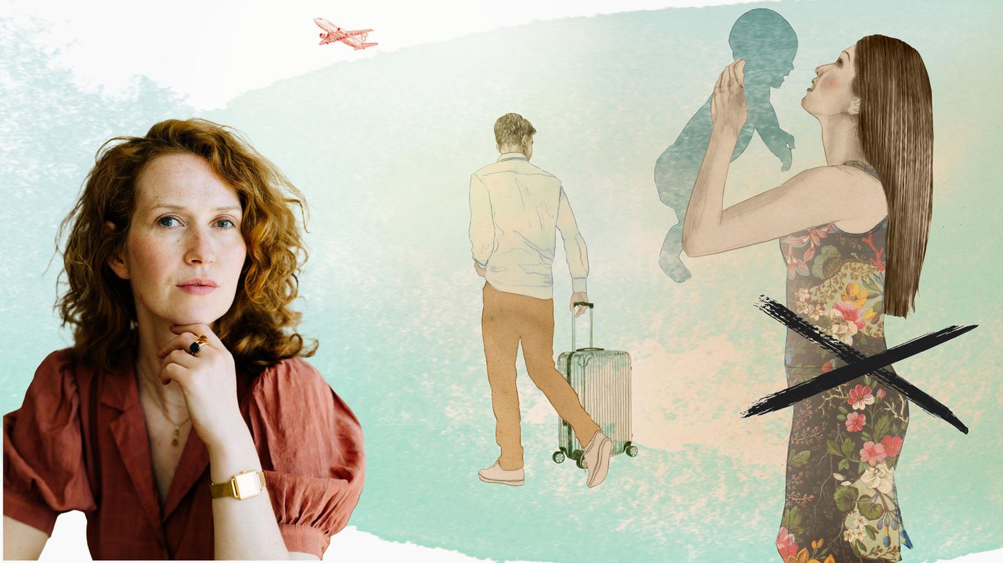 Illustration von einer Frau mit Kind, während ein Mann mit Koffer weg geht