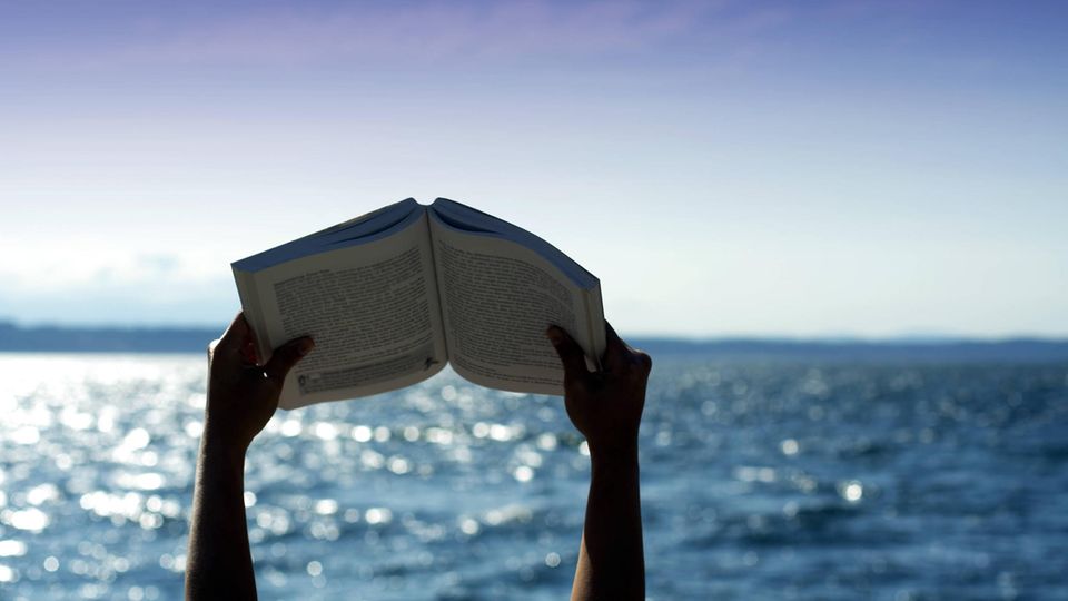 Bücher-Sommer: Zwei Hände halten ein Buch hoch. Im Hintergrund ist das Meer zu sehen