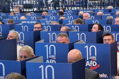 Delegierte der AfD hinter blauen Wahlkabinen.