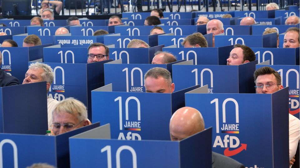 Delegierte der AfD hinter blauen Wahlkabinen.