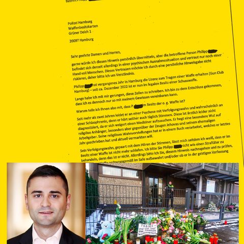 Der Brief indem vor Phillip F. gewartet wird, in einer Collage mit seinem Portrait und dem Unfallort