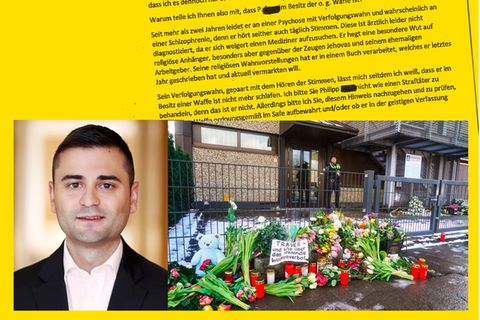 Der Brief indem vor Phillip F. gewartet wird, in einer Collage mit seinem Portrait und dem Unfallort