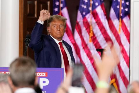 Donald Trump streckt vor einem Rednerpult die Faust in die Höhe.