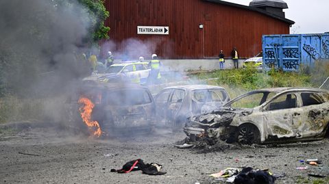 Polizisten stehen neben ausgebrannten Autos während des eritreischen Kulturfestivals "Eritrea Scandinavia" in Schweden