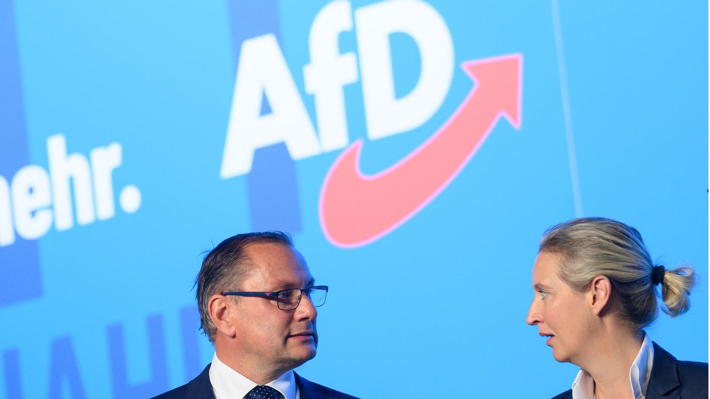 AfD-Vorsitzende Tino Chrupalla und Alice Weidel beim Parteitag