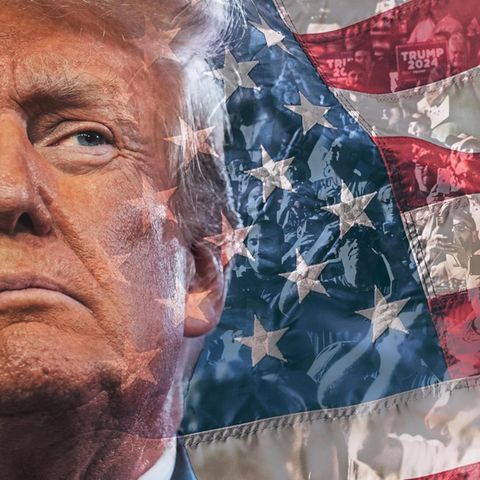 Eine Montage mit Trump und Flagge der USA