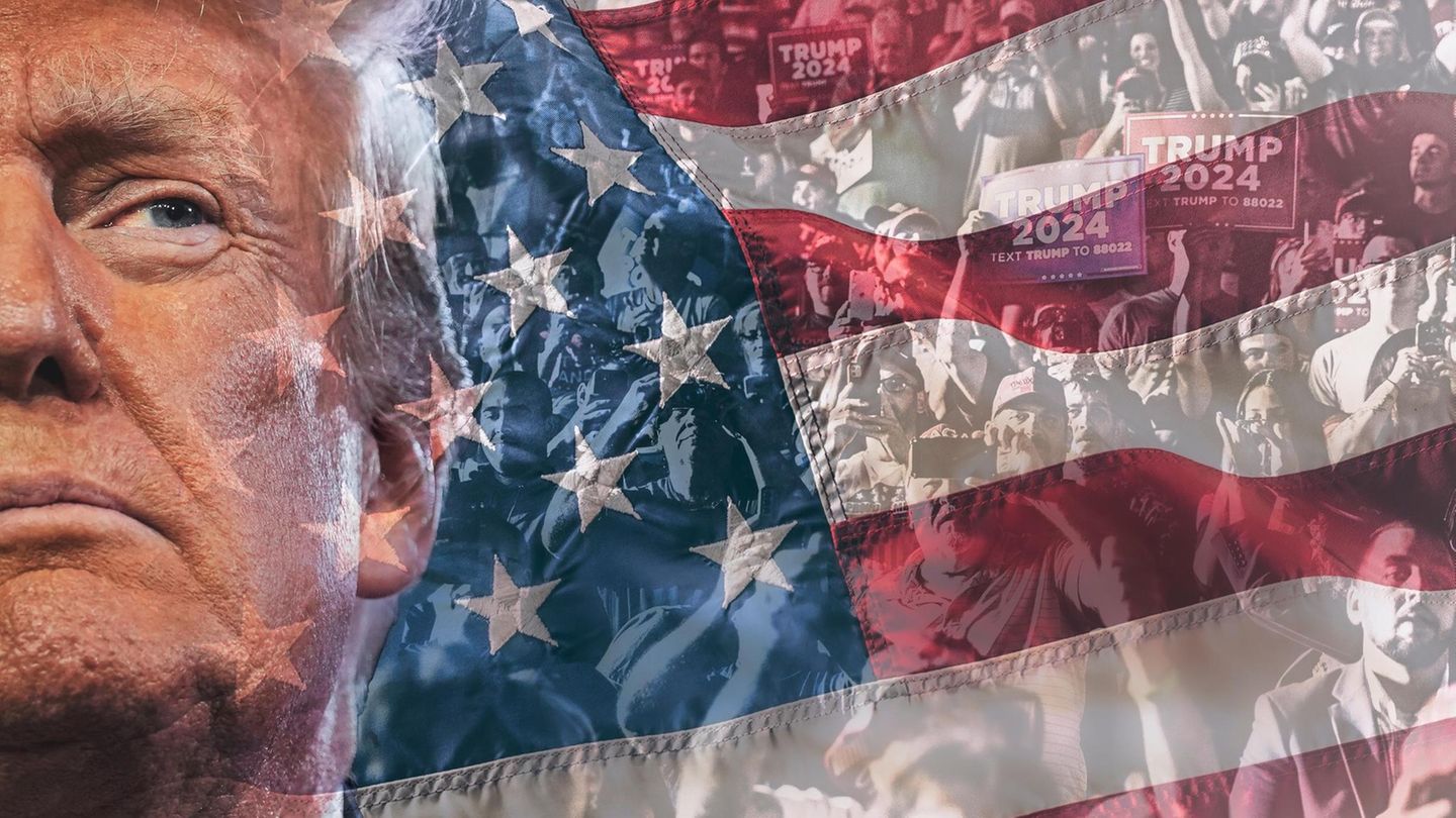 Eine Montage mit Trump und Flagge der USA