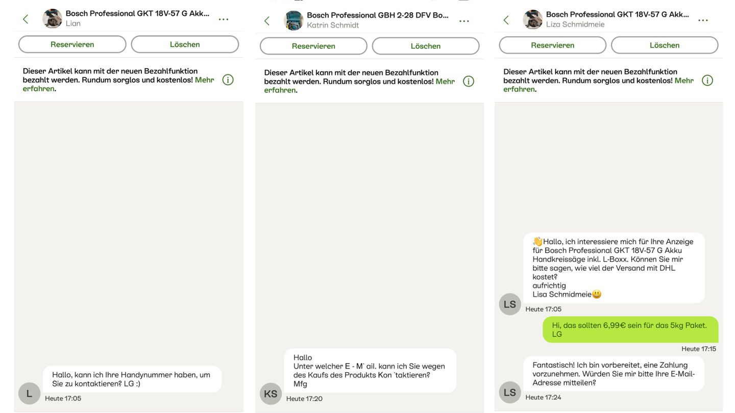 "Sicher bezahlen"-Funktion: Innerhalb kürzester Zeit erhielt ein Verkäufer bei Kleinanzeigen gleich drei der Betrugsnachrichten Innerhalb kürzester Zeit erhielt ein Verkäufer bei Kleinanzeigen gleich drei der Betrugsnachrichten