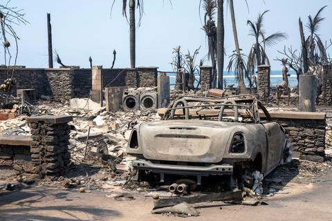 Ein paar Steinmauern und das Blech einer Waschmaschine, eines Trockners und eines Autos – mehr haben die Flammen auf diesem Grundstück in Lahaina nicht übrig gelassen