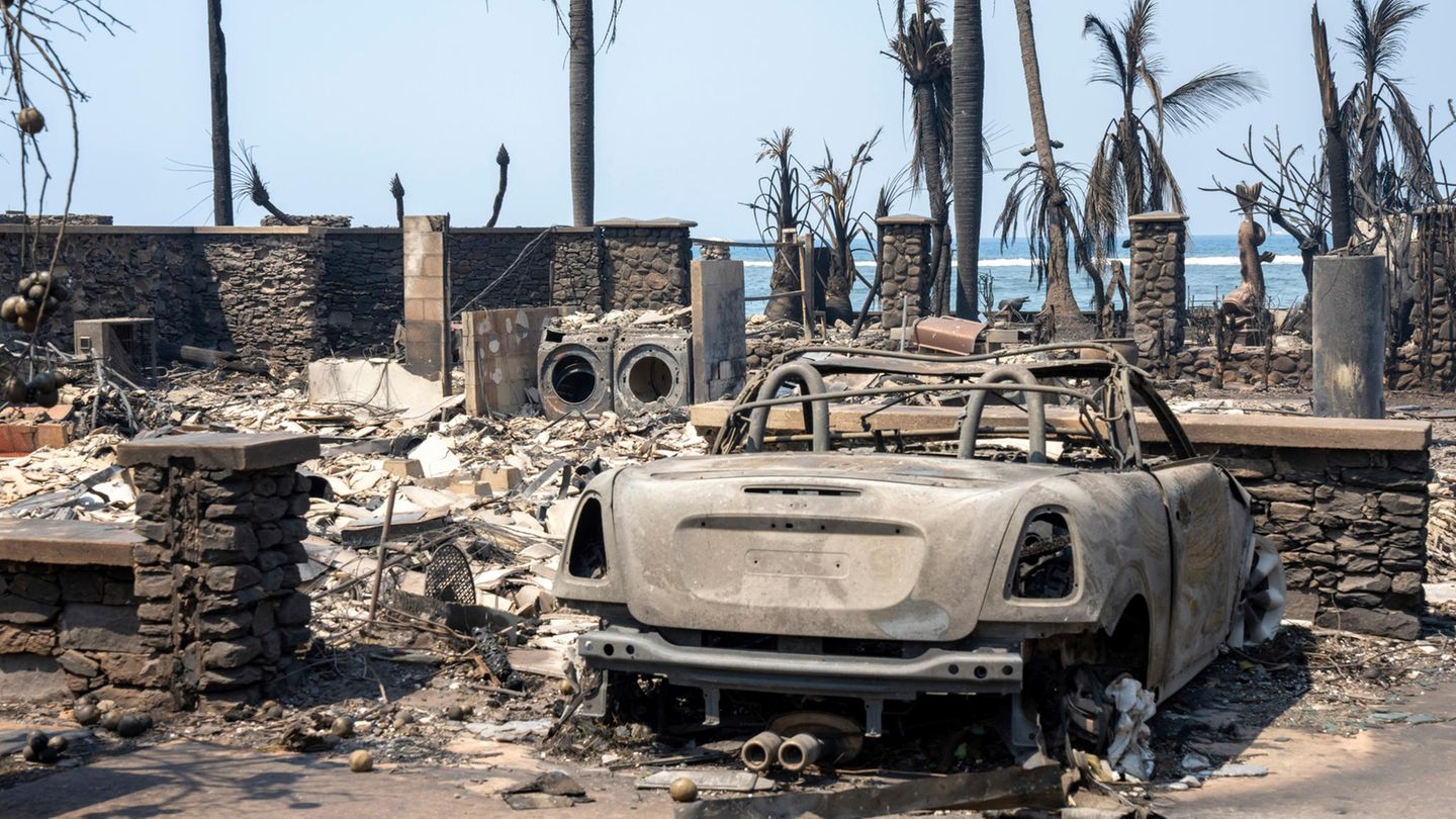 Ein paar Steinmauern und das Blech einer Waschmaschine, eines Trockners und eines Autos – mehr haben die Flammen auf diesem Grundstück in Lahaina nicht übrig gelassen