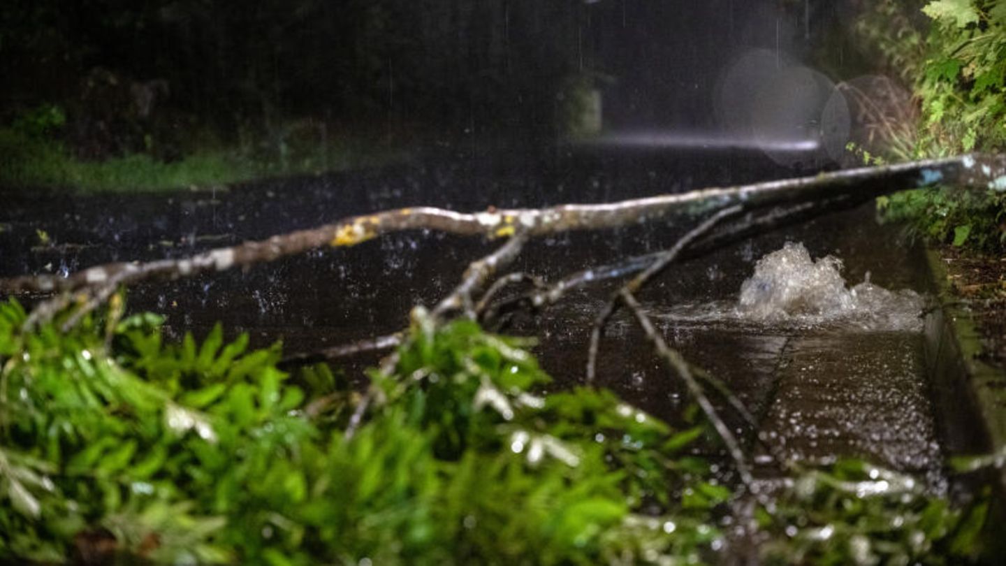 Spuren des Unwetters in Thüringen: In Heldburg versperrt ein abgebrochener Ast die Straße, aus einem Abflussschlacht sprudelt das Wasser. Zeitweise konnte die Kanalisation die Wassermassen nicht mehr aufnehmen.
